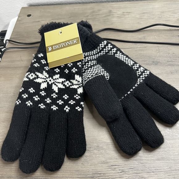 Women's ISOTONER Black‎ & White Knit With Suede Palm Gloves NWT - Picture 1 of 4